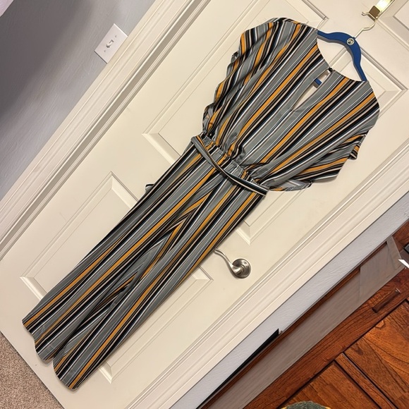 Emma & Michele Gold Gray Brown Black Brown Striped Belted Jumpsuit Sz Medium - Picture 5 of 9